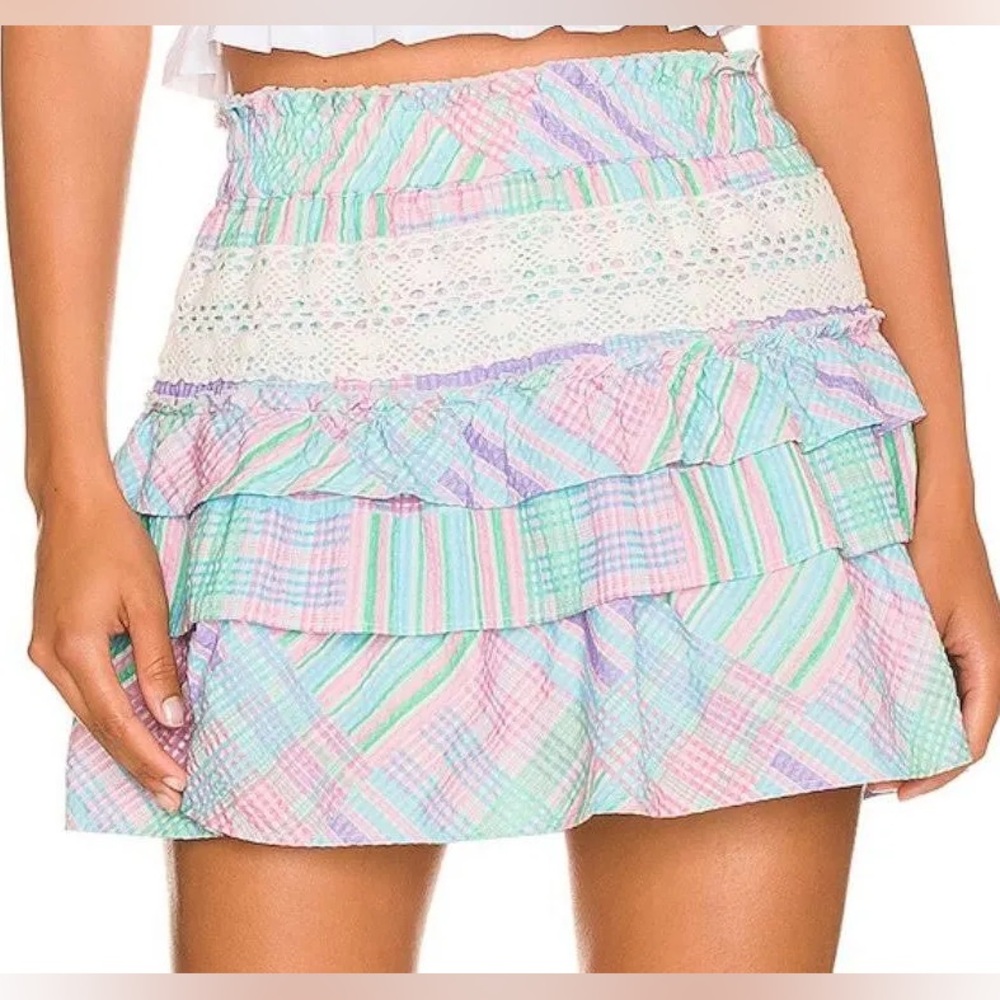 V Day Sale! LOVESHACKFANCY Corbett Mini Skirt in Candyland Plaid Crochet Sz M